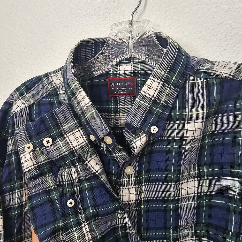 UnTUCKIT Men's Blue And‎ Green Plaid Longsleeve Button Down Polo